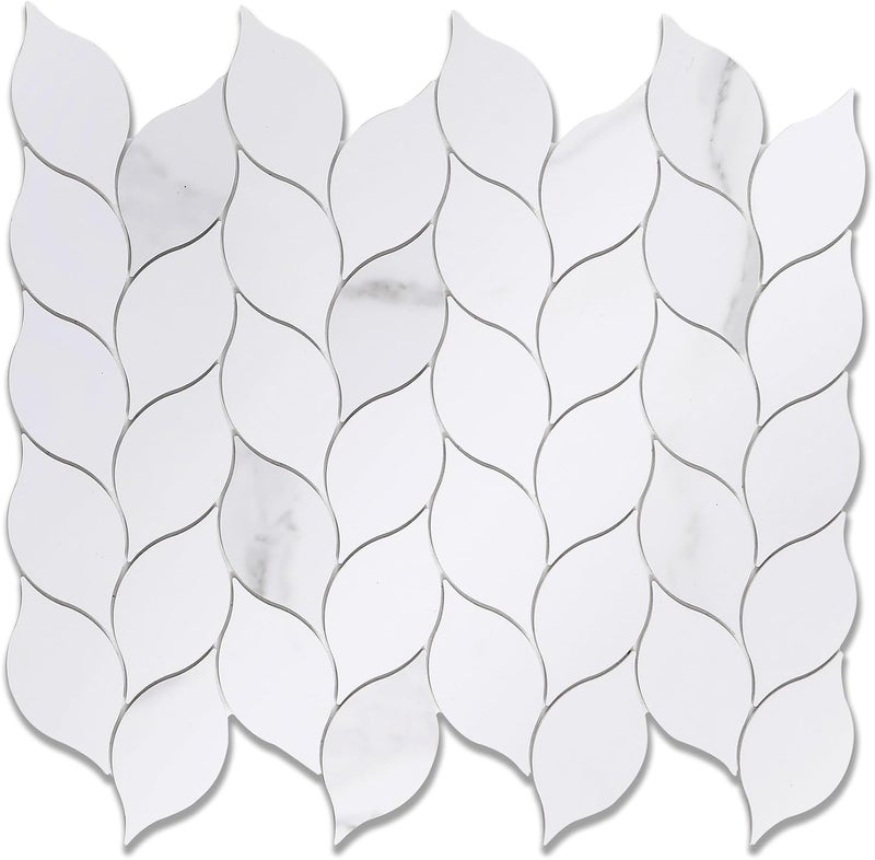 Tilingview 10-Sheet Peel and Stick Backsplash Tile for Kitchen, Self-Adhesive Mosaic Glossy Leaf Stick on Wall Tile with Gaps (Calacatta White) - Image 1